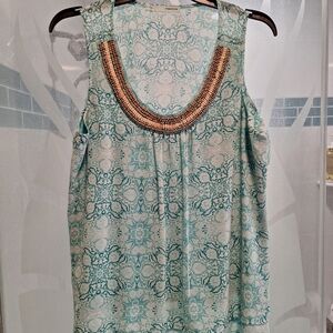 Maurices Teal Patterned Sleeveless Blouse with Beaded Neckline